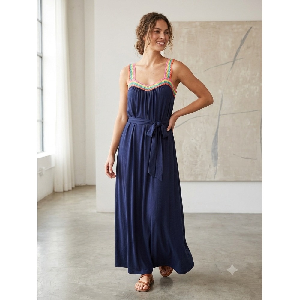 Boden Navy Blue Crochet Trim Maxi Dress Rainbow Straps Jersey US 10 NEW